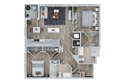 Floor plan for 2 beds, 2 baths, 1020 sqft